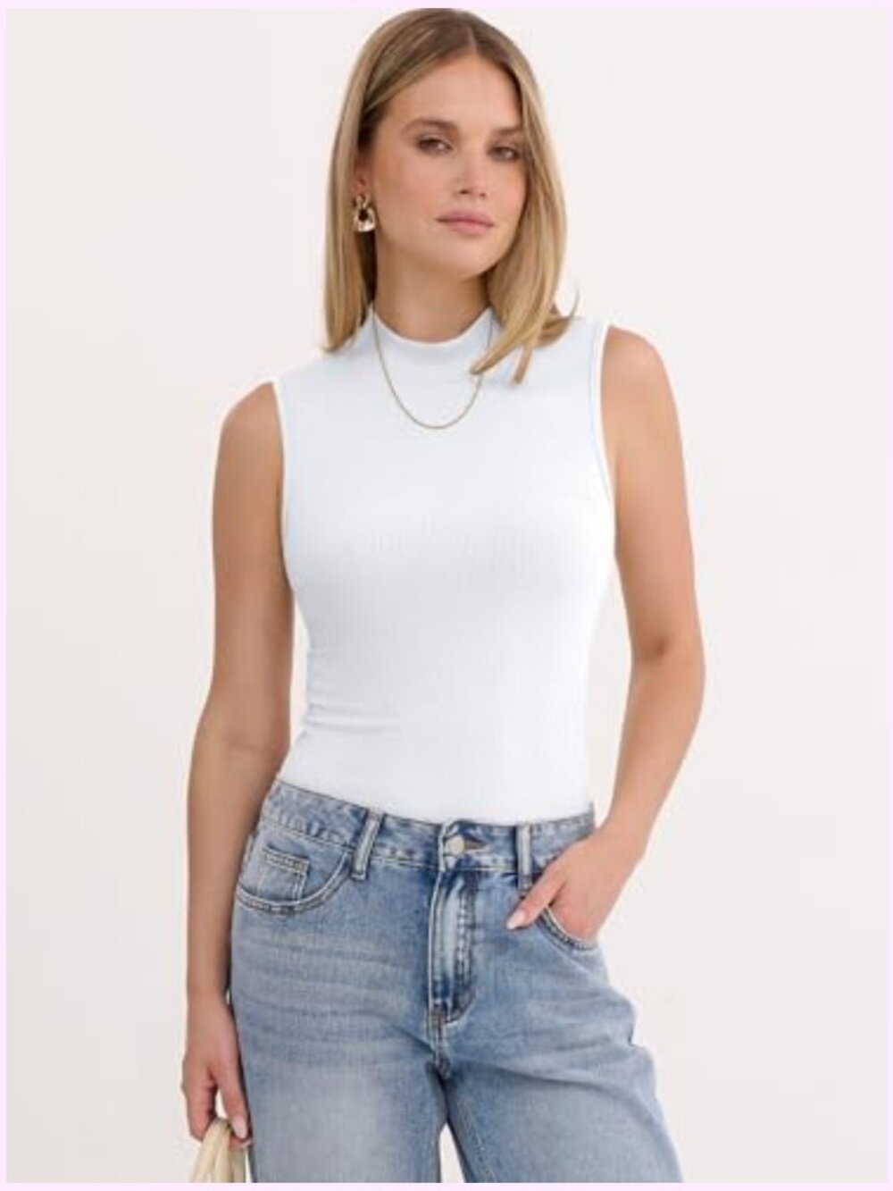 Mock Neck Tank Top Ribbed Knit Sleeveless Slim Fit Summer Basic Layer Tops - Picture 2 of 7